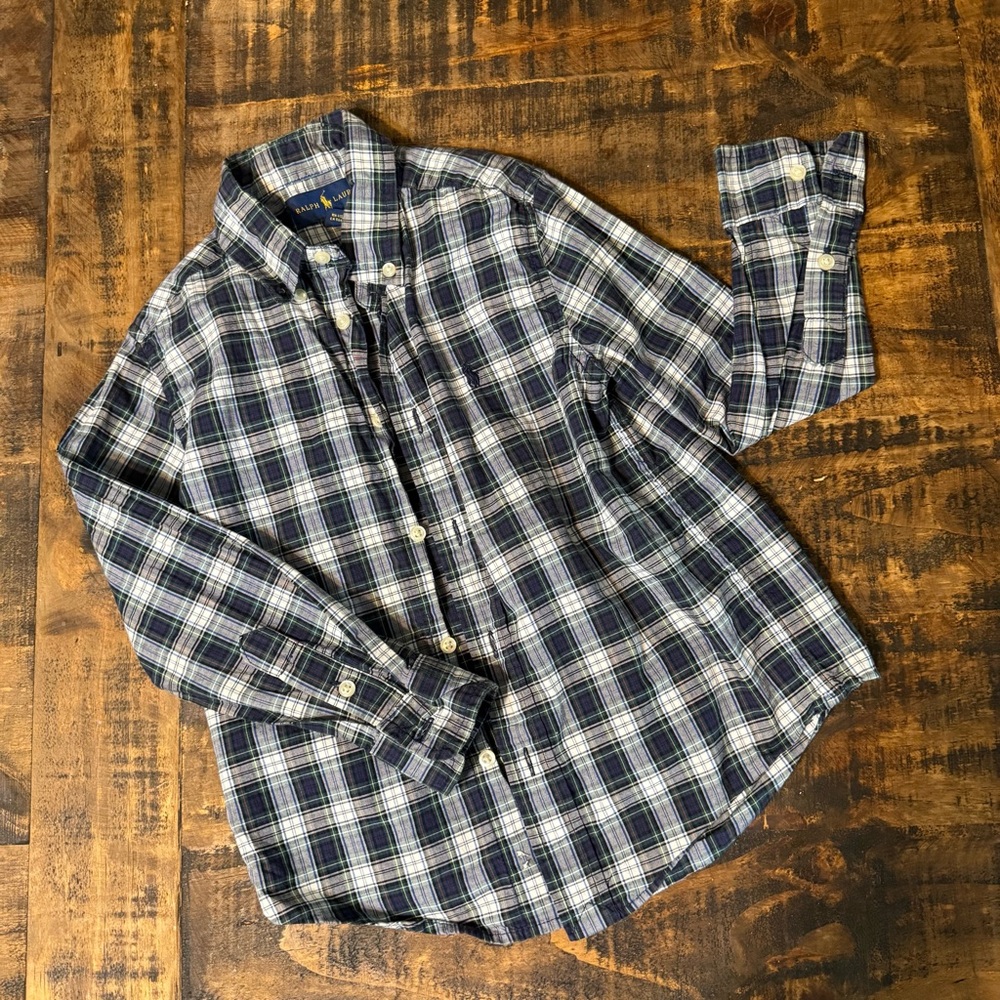 Blue, Green Plaid Polo button down Shirt